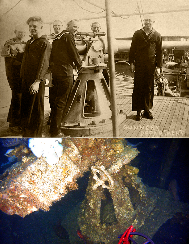 Top: USS Conestoga gunnery department posing with the tugboat’s main battery, a 3-inch 50 caliber naval gun. Bottom: The current position of the gun inside the shipwreck near the forecastle after the gun’s support platform had fallen from its original position. Image: Historic photograph, U.S. Naval History and Heritage Command NH 71510. Underwater photograph, NOAA ONMS/Teledyne SeaBotix.